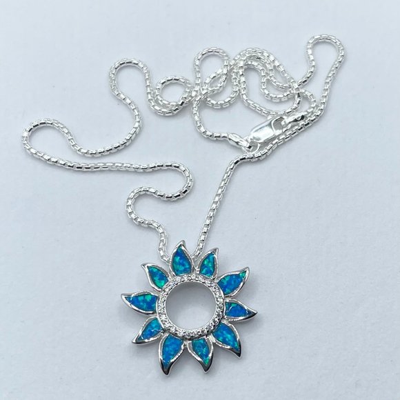 Jewelry Sunflower Lab Blue Opal Cz Sterling Silver Necklace Sunflower